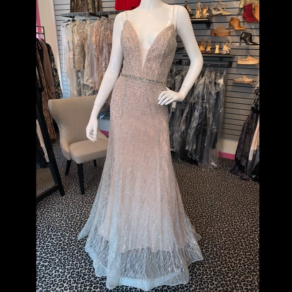 Beaded Nude Jovani Plunge Gown